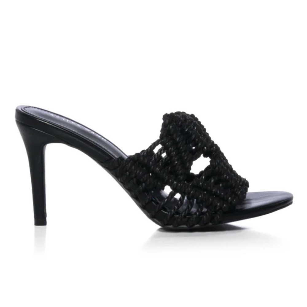 Elegant Black High-Heeled Sandals with Intricate Design